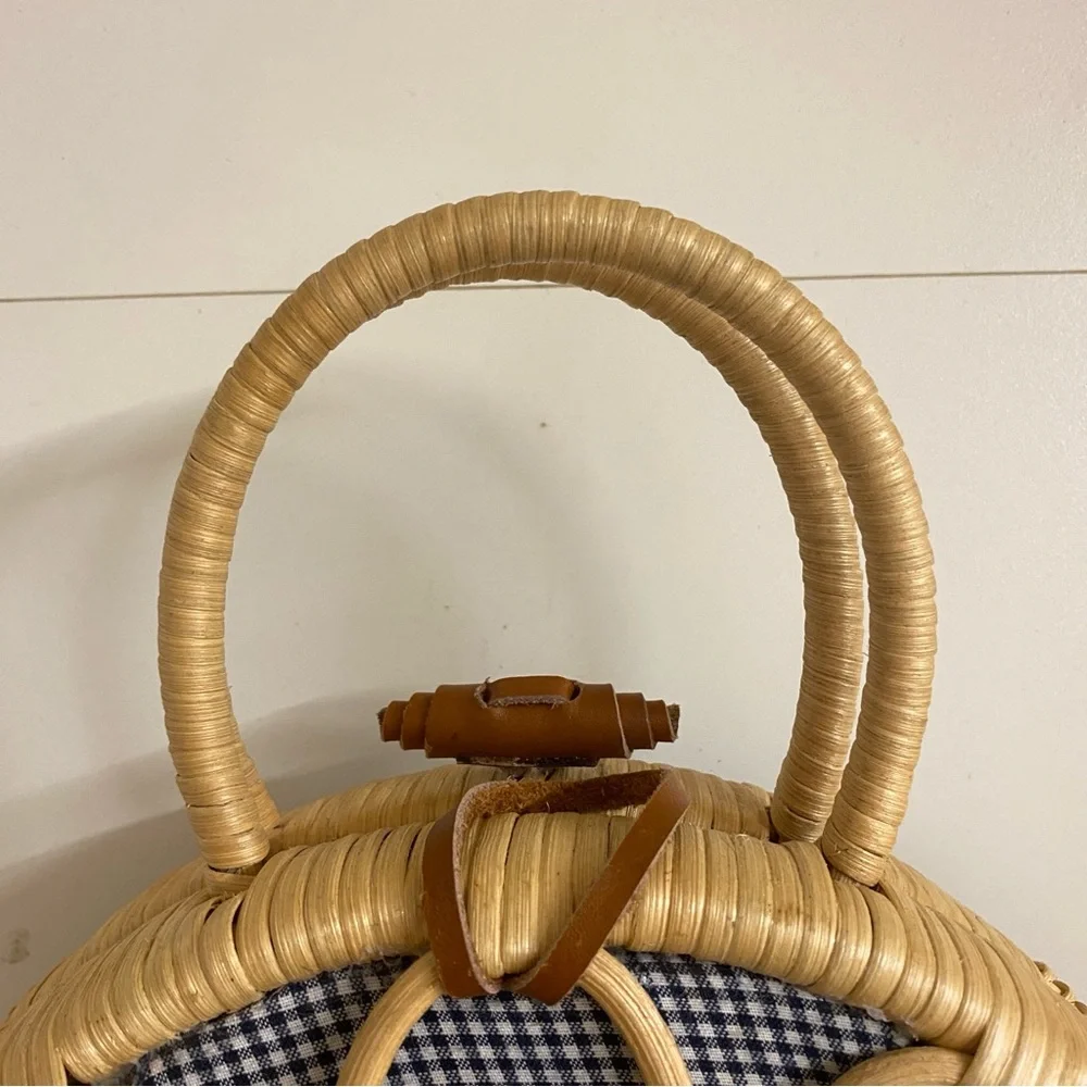 Anthropologie | NWOT Mini Rattan Suitcase Satchel Purse Basket Bag Blue Gingham - Picture 9 of 10